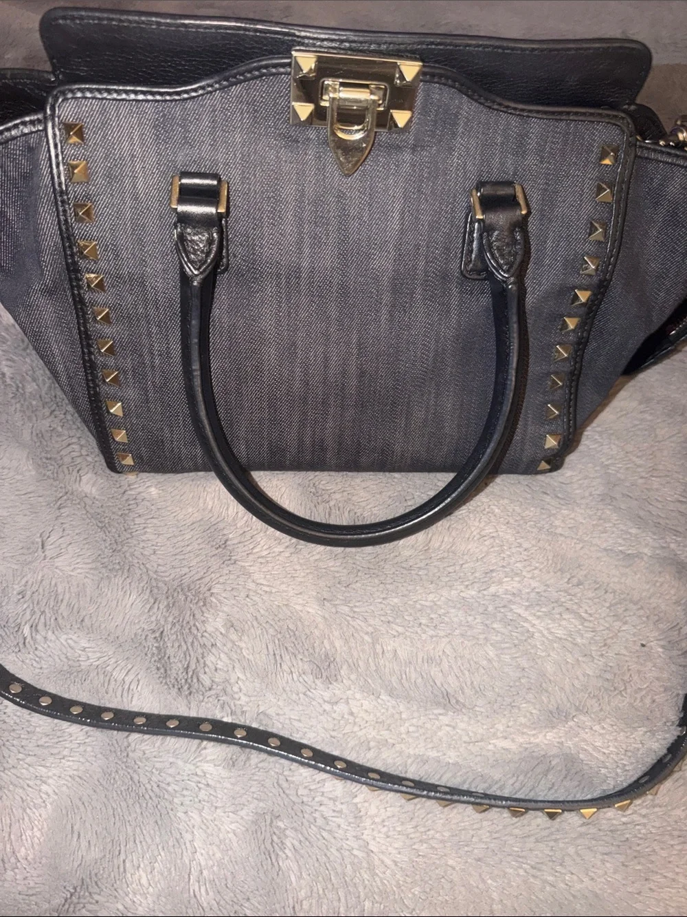 Preloved Valentino Garavani Dark Gray Denim Satchel with Gold Studs excellent.